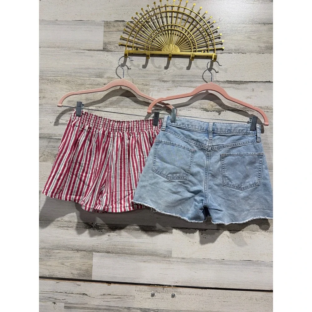 Old Navy Wishful Park Shorts Girls 14 XL Blue Red Denim Striped Coastal EUC
