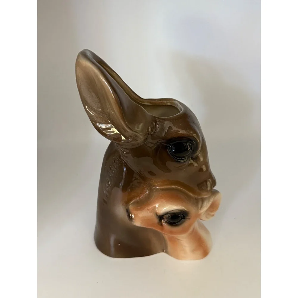 Vintage Style Ceramic Deer‎ and Foe Head Vase Planter Brown Glazed 4Y892 New