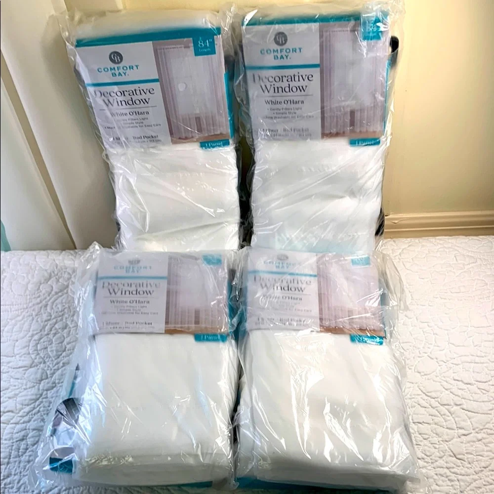 Comfort Bay 4 piece White Decorative sheer Window 60w x 84 L Curtain panels NEW