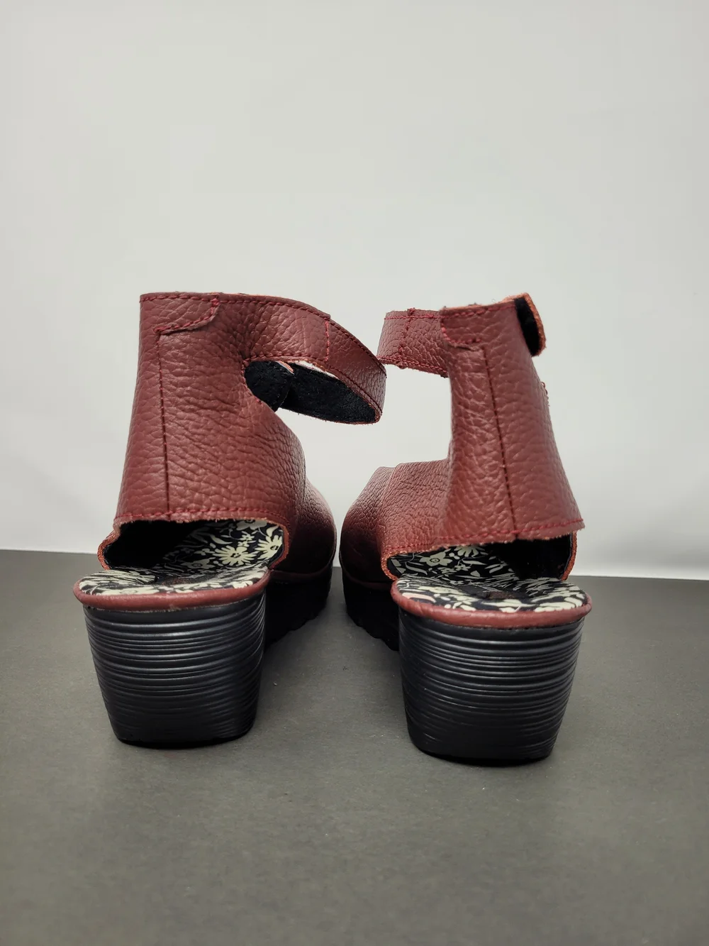 Bernie Mev Mely Burgundy Pebbled Leather Wedge Sandal with Ankle Strap