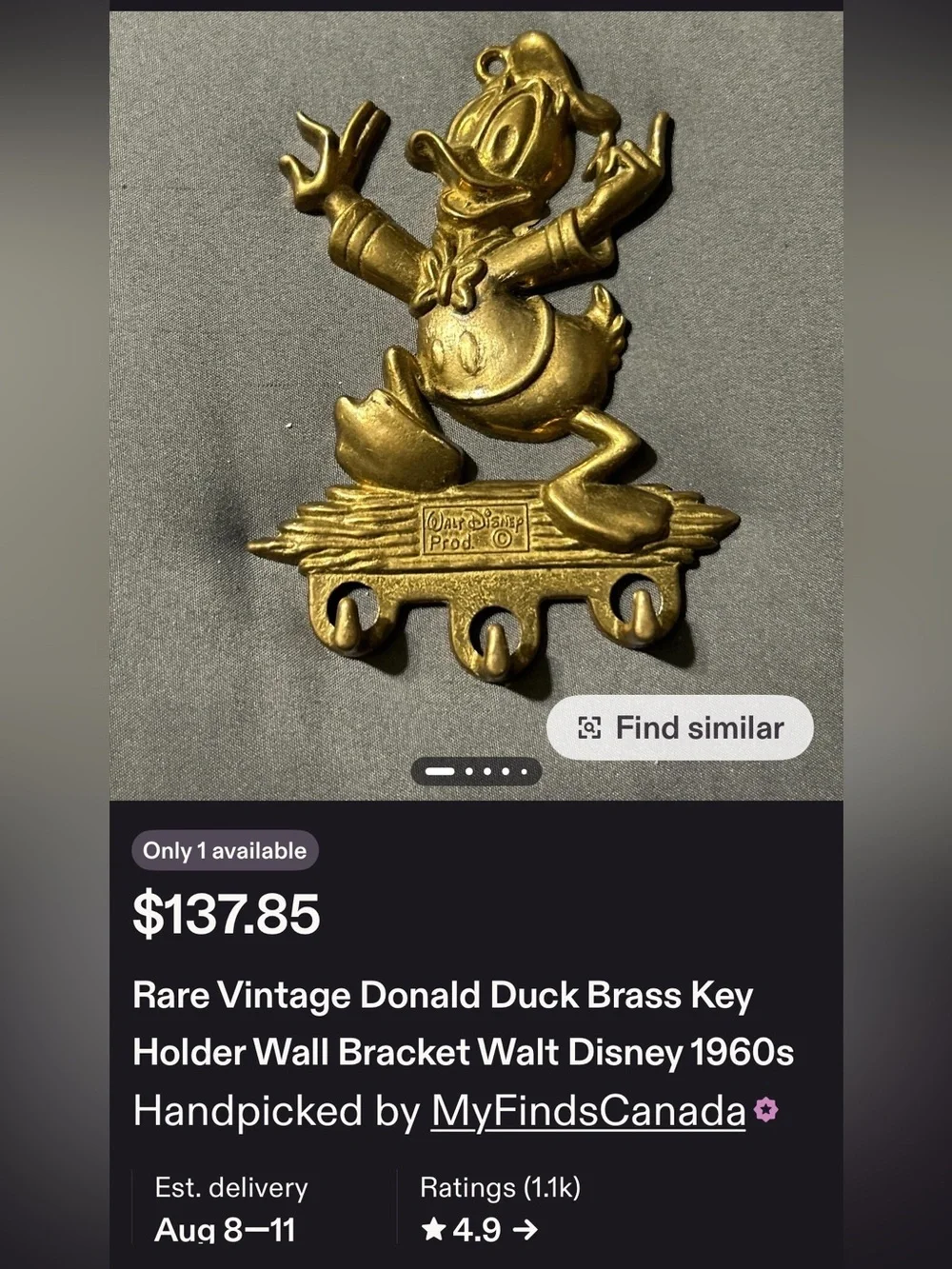 Authentic 1960s MBFL Donald Duck brass wall key brackets - rare vintage