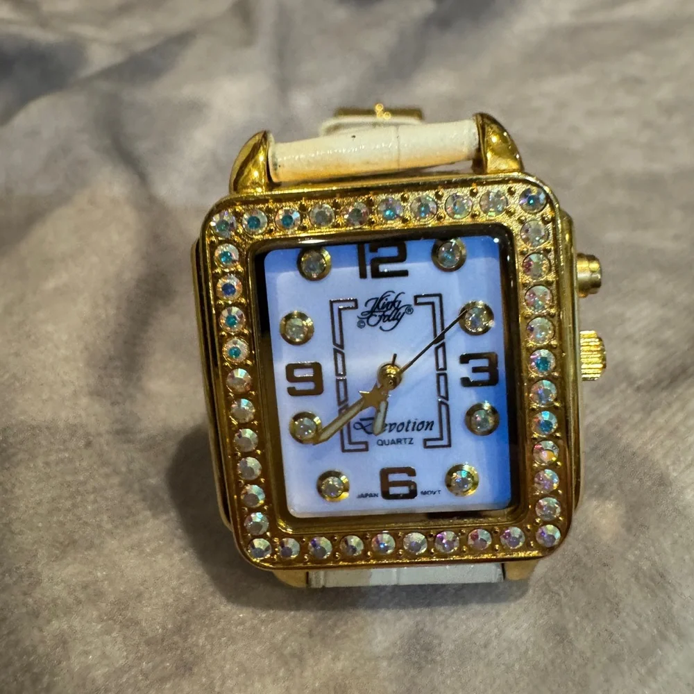 Kirts Folley‎ Devotion Gold Crystal Square Face White Strap Watch light up face