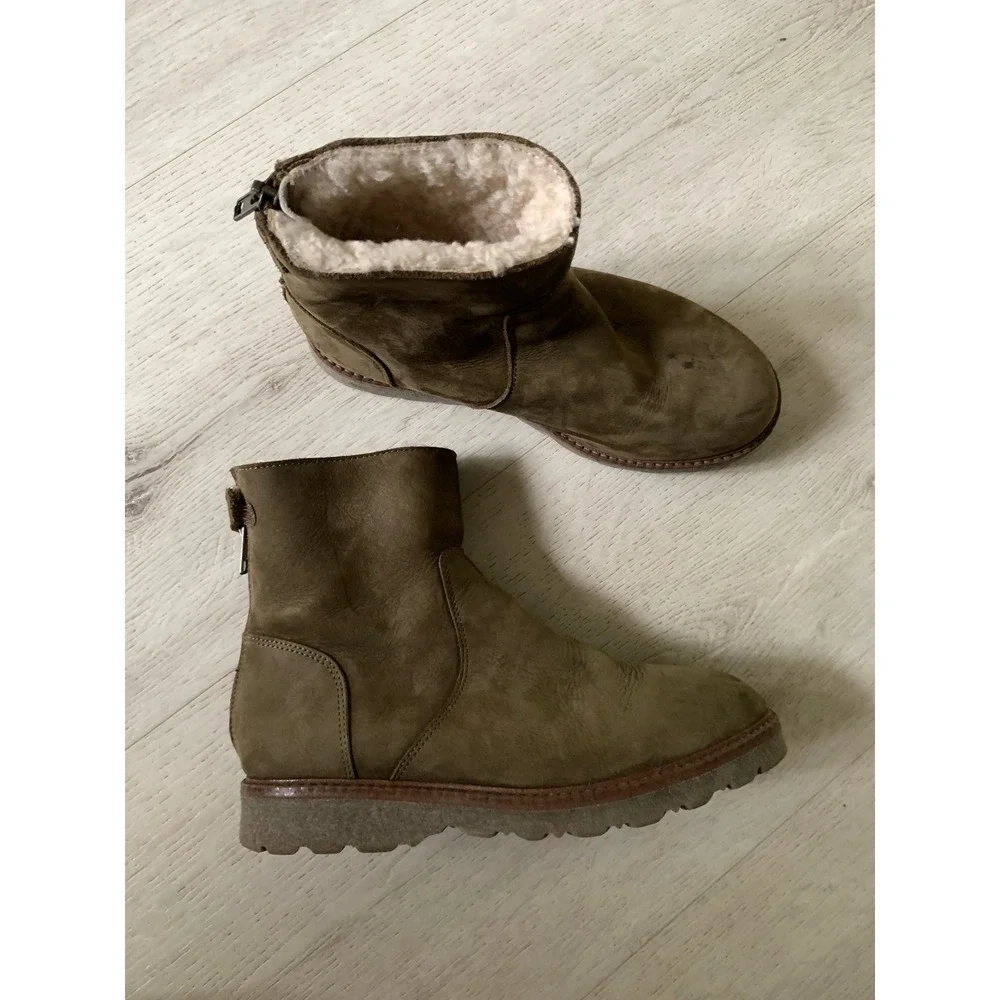 Bonpoint Kids Shearling Lined‎ Leather Boots Olive Green Spain Size 34 Zip Back