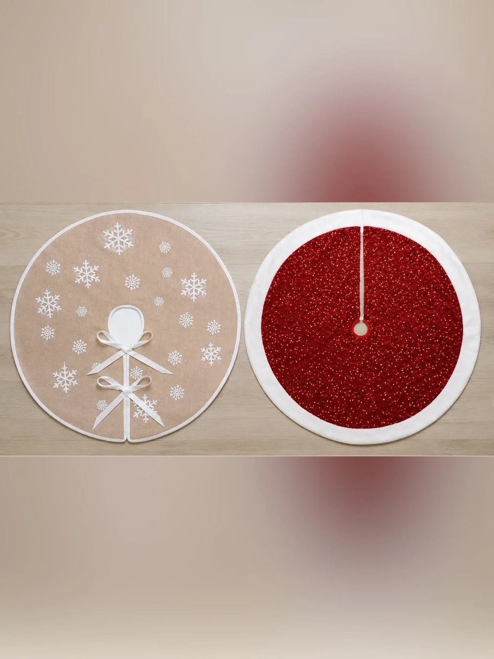 Lot of 2 Christmas Tree Skirts Snowflake Burlap-30” & Red Glitter-38”. New