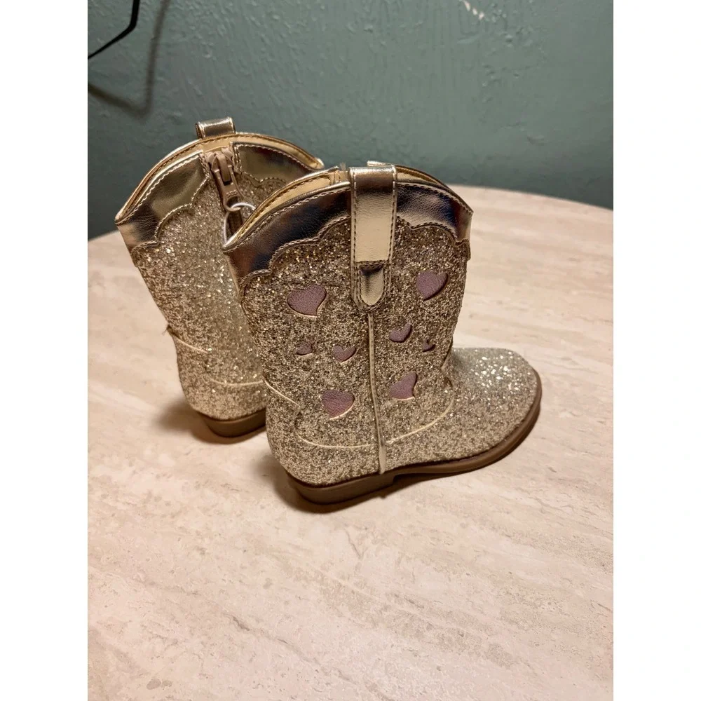 Cat & Jack Toddler Girls Gold Glitter Cowboy Boots Heart Cutout Size 8 NEW