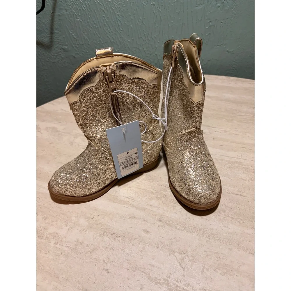 Cat & Jack Toddler Girls Gold Glitter Cowboy Boots Heart Cutout Size 8 NEW