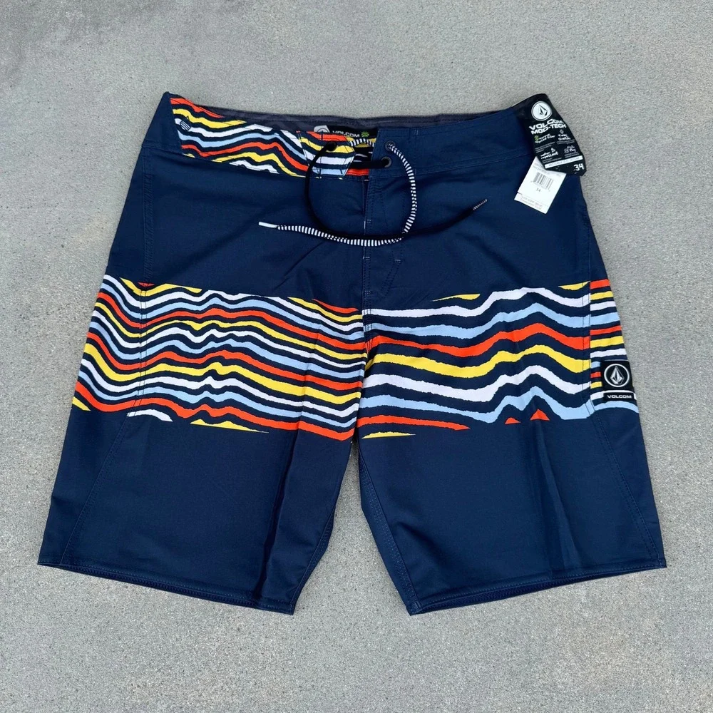 Volcom Mod-Tech Board Shorts Mens 34‎ Navy Blue Stripe 4-Way Stretch NEW