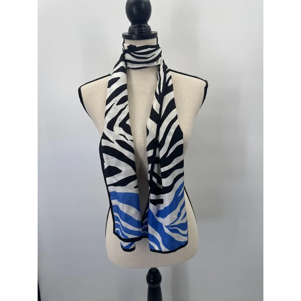 Anne Klein Zebra Striped Silk Scarf Shawl Wrap Colorblock Black White Blue 13x62