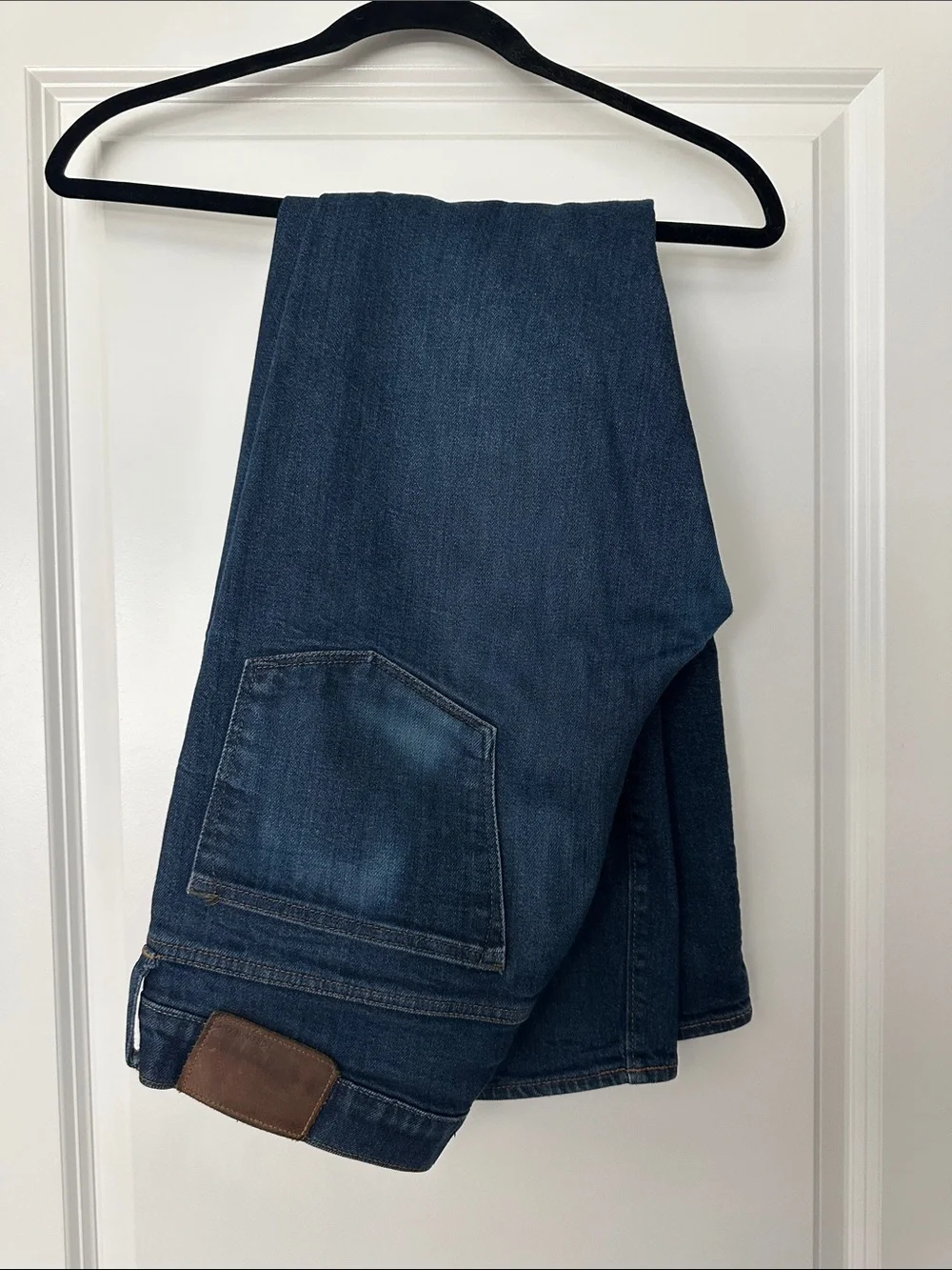 J. Crew Dark Blue Straight-Leg Jeans with Brown Patch