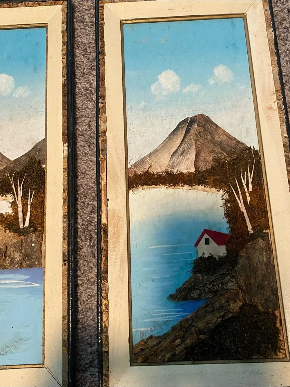 Vintage 1950’s Japan Bark & Moss Wall Art Mountain Lake Scene Michigan Set of 2