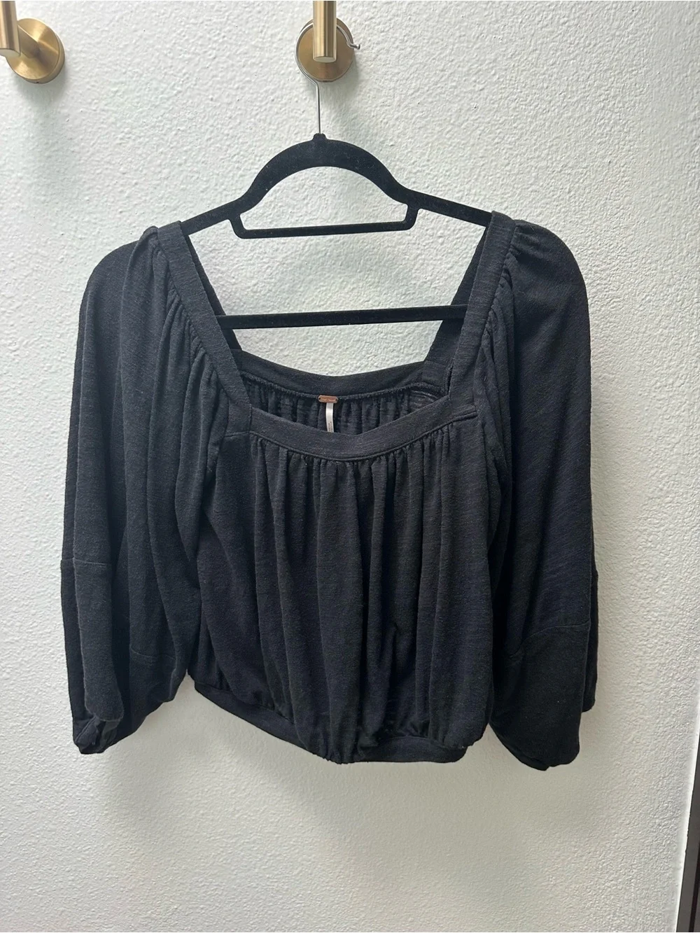 Free People Black Square-Neck Peasant Blouse
