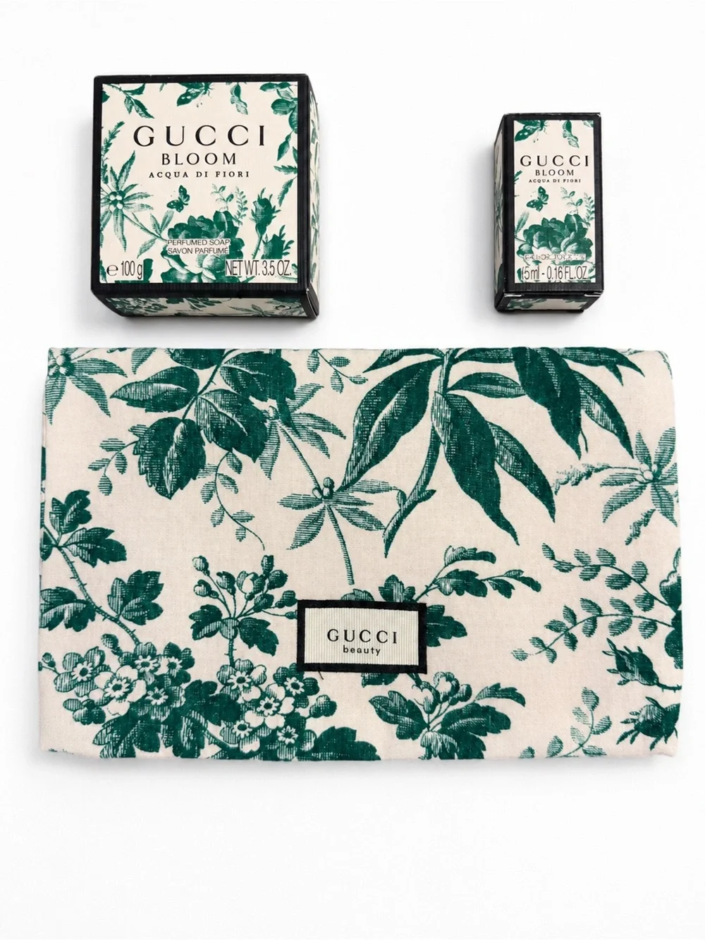Gucci Bloom Acqua Di Fiori Cream & Green Floral Pouch with Bar Soap