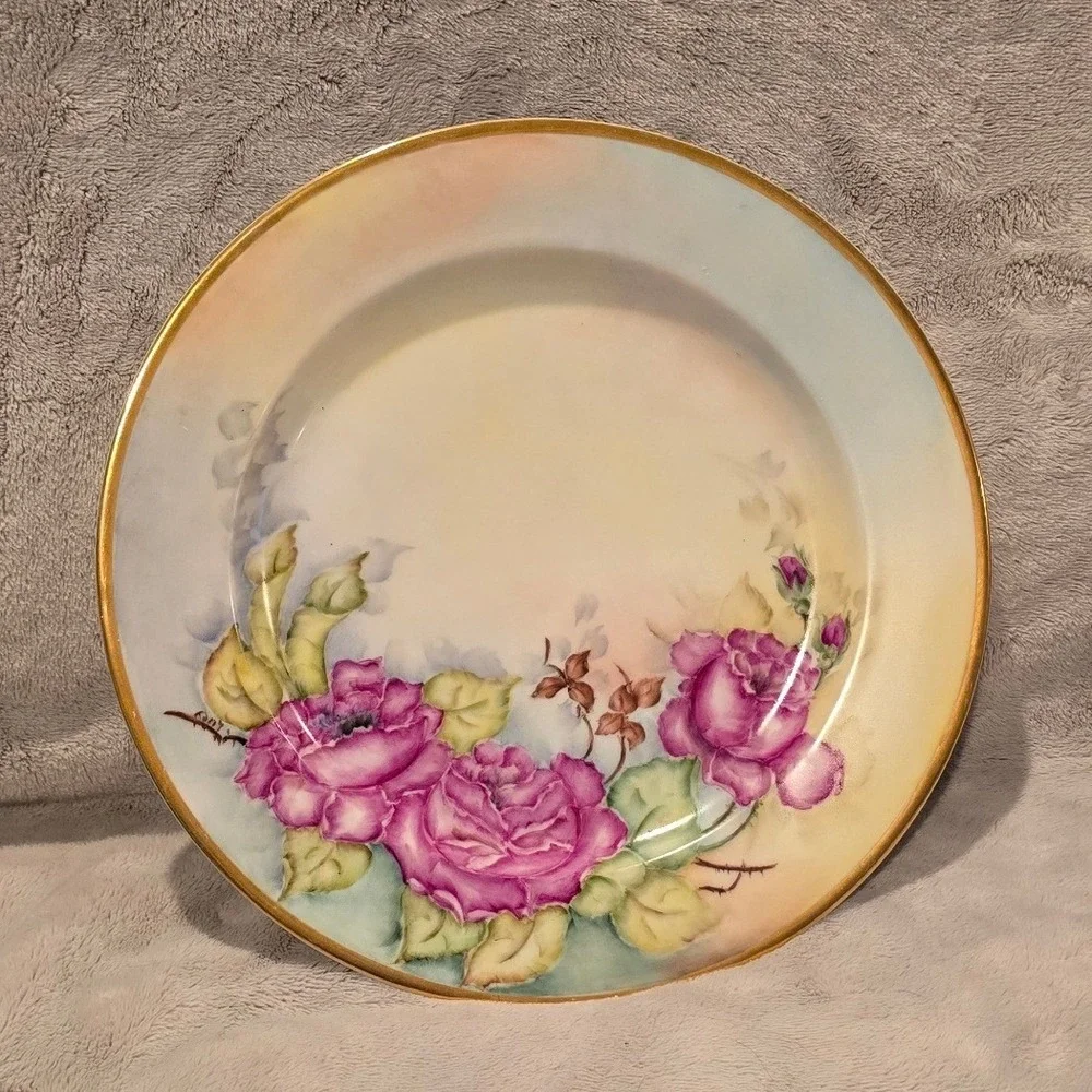 Vtg‎ Bavaria The Baronial Hand Painted Purple Rose Porcelain Plate Gold Rim 10