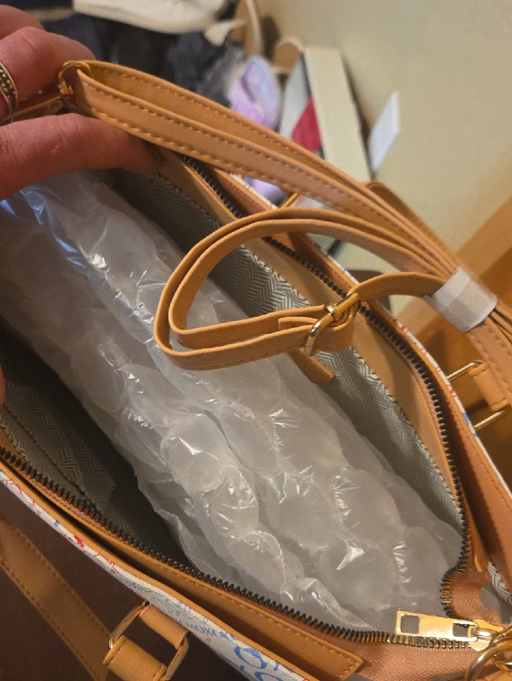 XOXO White Handbag with Blue and Red Logo Print and Tan Handles NWT