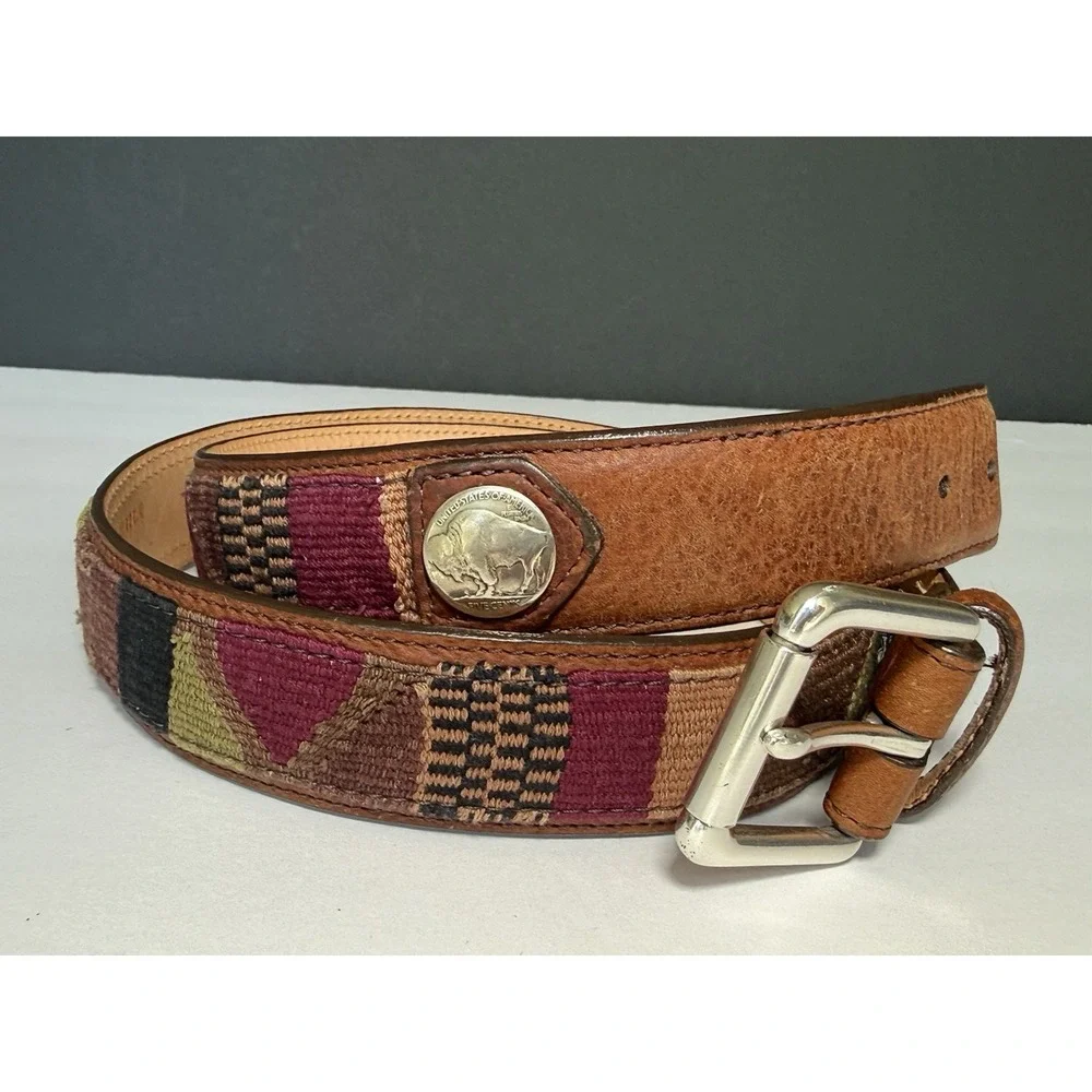 Orvis American Bison Brown Leather Belt Buffalo Nickel Sz 42 USA Southwestern