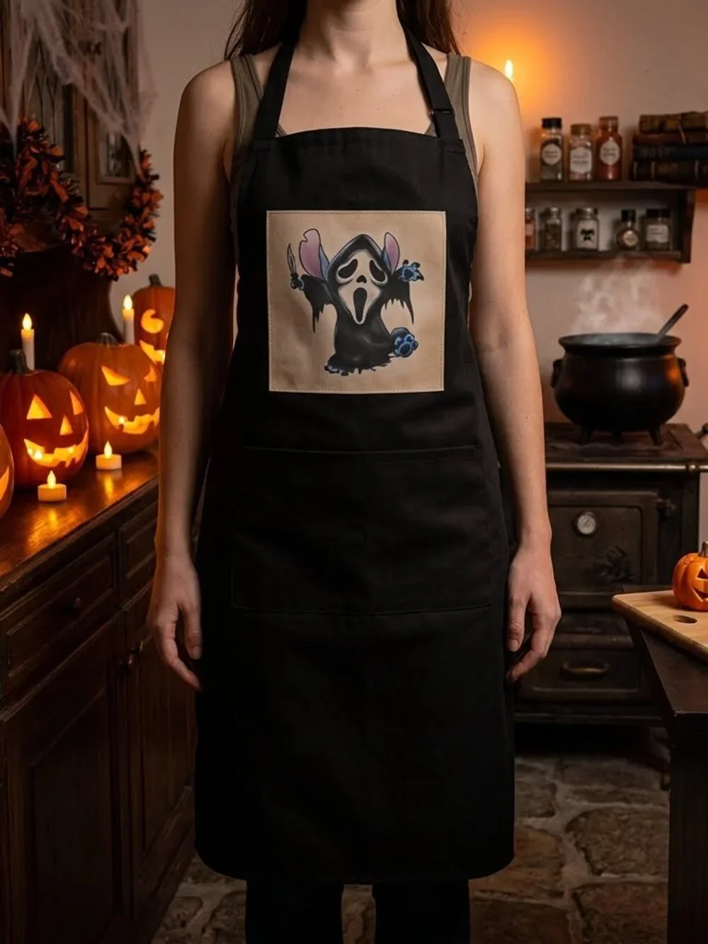 Handmade Black Halloween Bib Apron Stitch Ghostface Scream