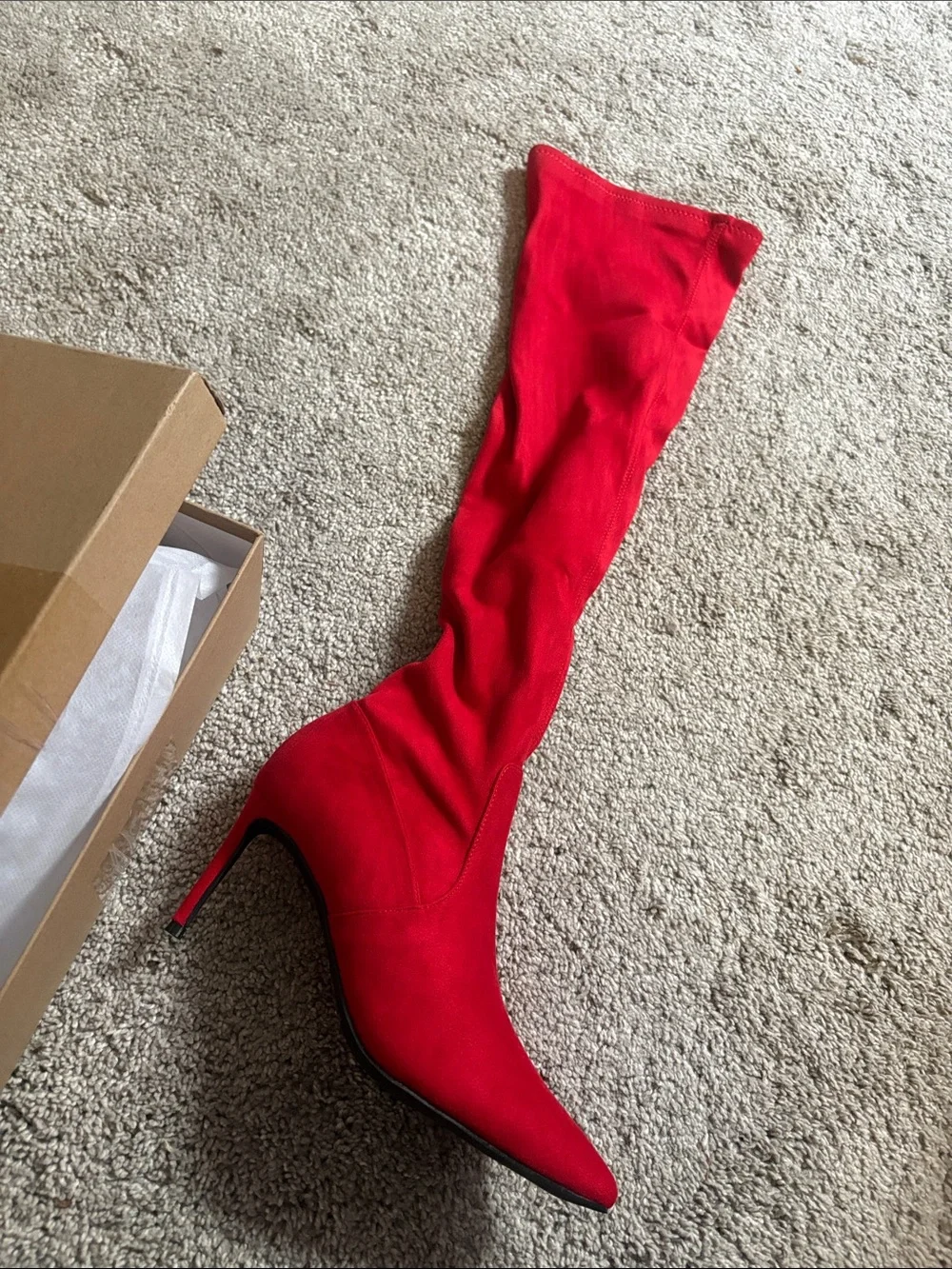 Elizabeth Tang cherry Red Over-the-Knee Stiletto Boot with Pointed Toe size 7.5