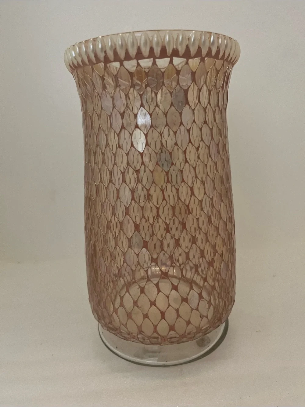Pink mosaic scale-pattern glass Cylinder Vase, Round Glossy Finish, Beaded Rim