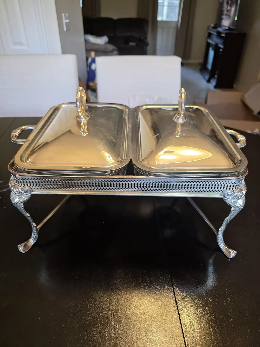 Source Unknown Silver Double Chafing Dish with Ornate Stand
