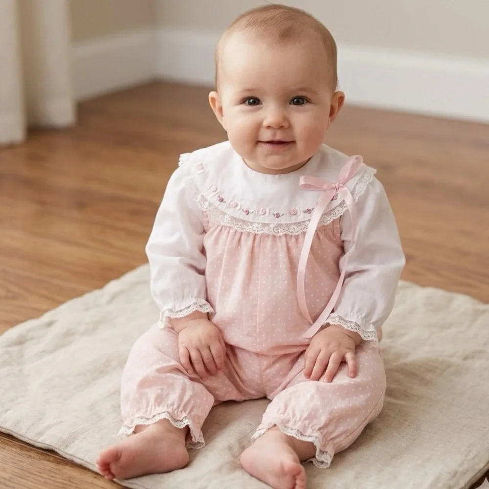 Vintage 1980s Nanette Baby Girl Pink Polka Dot Romper Size Up to 6 Months