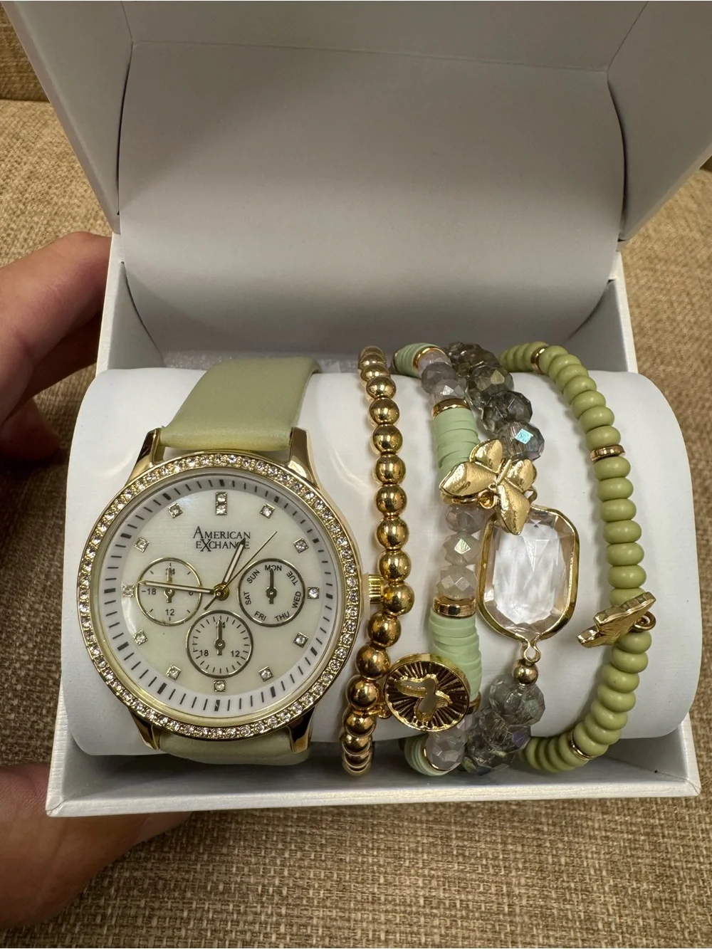 American Exchange Gold Tone Crystal Bezel Watch & Bracelet Set, Green Strap