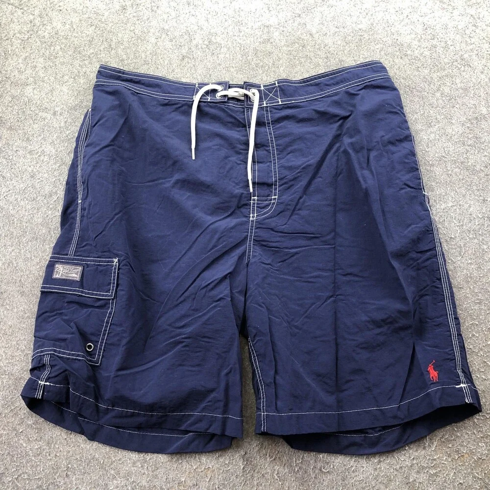 Polo By Ralph Lauren Swim Trunks Mens XL Blue Solid Cargo Mesh Lined Drawstring