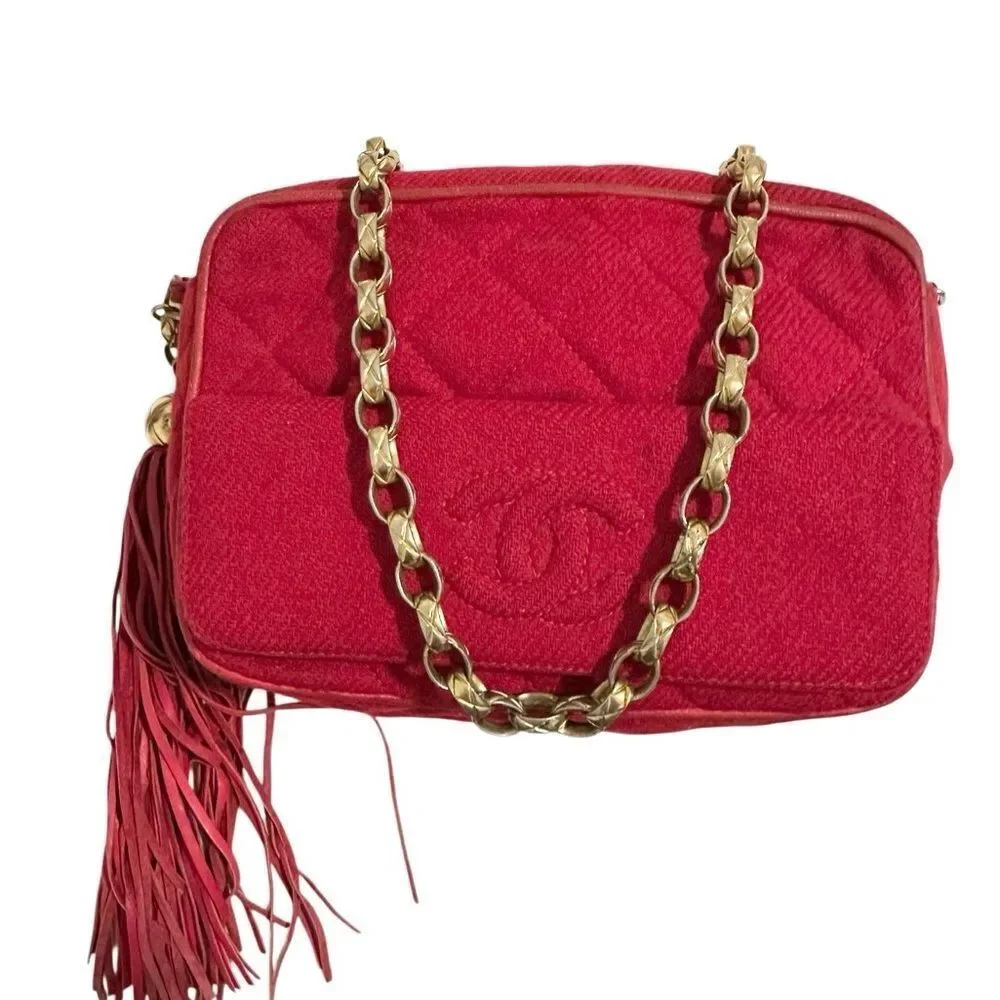 Chanel Quilted Red Crossbody Bag with Gold Chain