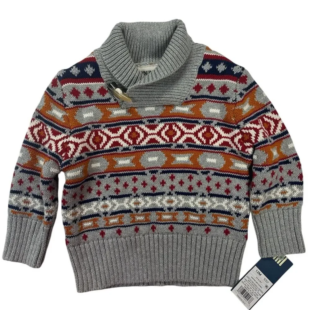 Osh Kosh‎ Fair Isle Sweater Size 12 Months Grey Chunky Neck NEW with Tags