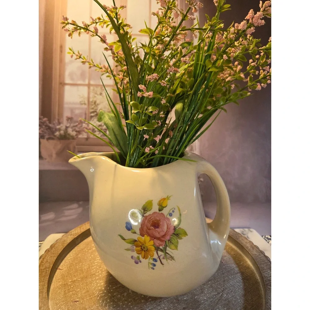 Vintage Floral Ceramic‎ Pitcher Creamy White Pink Rose Yellow Daisy Cottagecore