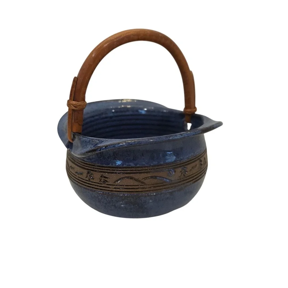Groundhog Blue Studio Pottery Glazed Ceramic Bowl with Wood Handle Signed Basket