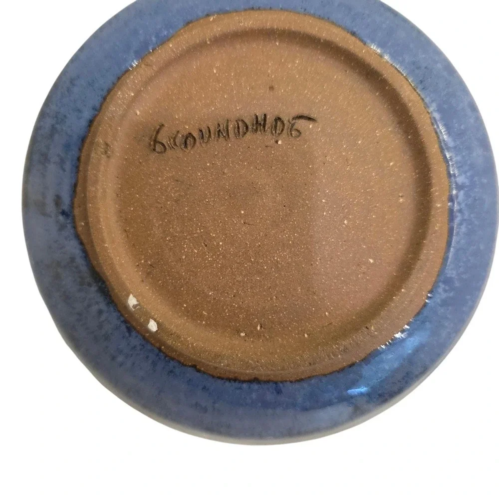 Groundhog Blue Studio Pottery Glazed Ceramic Bowl with Wood Handle Signed Basket