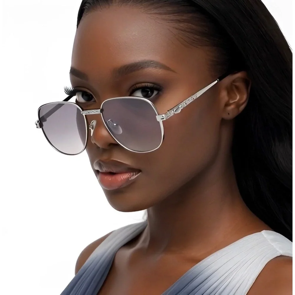 Silver‎ Metal Aviator Sunglasses Black Gradient Lens Textured Temple Y2K Lentes