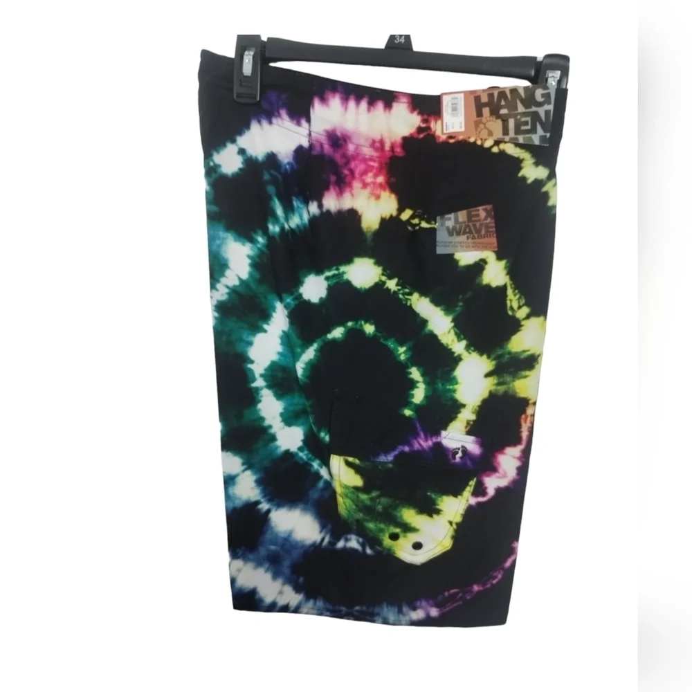 Hang Ten Mens Four Way Stretch Swim Shorts Size 34 Black Tie‎ Dye
