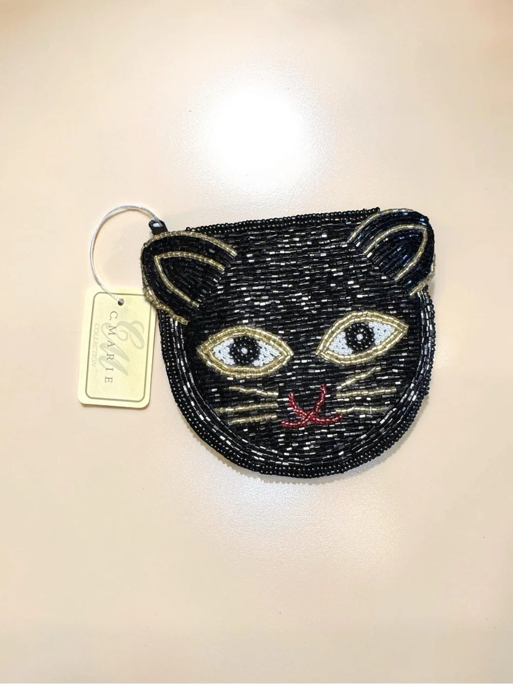 Beaded Black Cat Coin Purse ,cosmetic bag black Gold & Red Accents hand beaded
