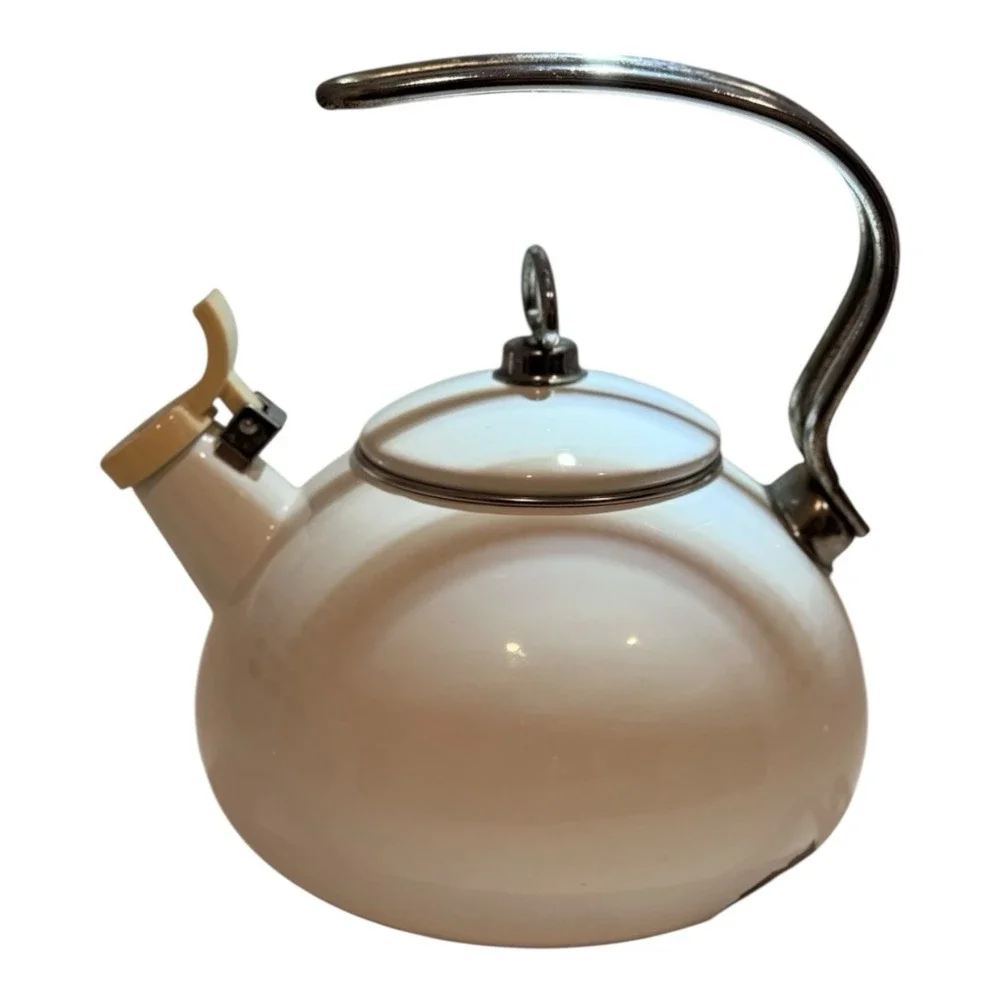 Vintage White Enamel Whistling Tea Kettle‎ Flip Spout Chipped