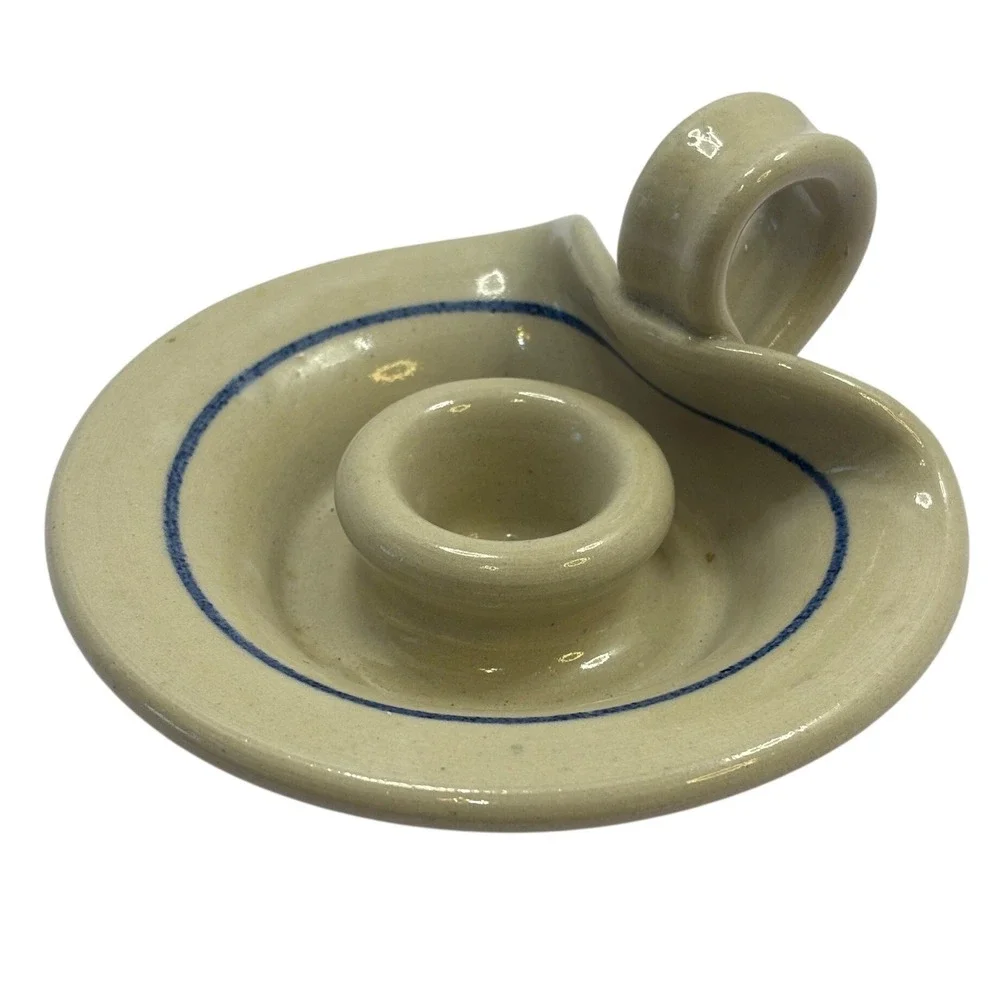 M Swayne Signed‎ Studio Pottery Stoneware Chamberstick Candle Holder Blue Ring