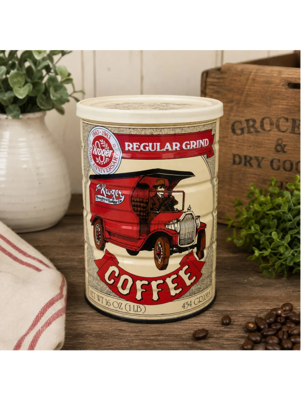 Kroger Vintage 1983 Anniversary Coffee Tin Canister One Size Beige Red