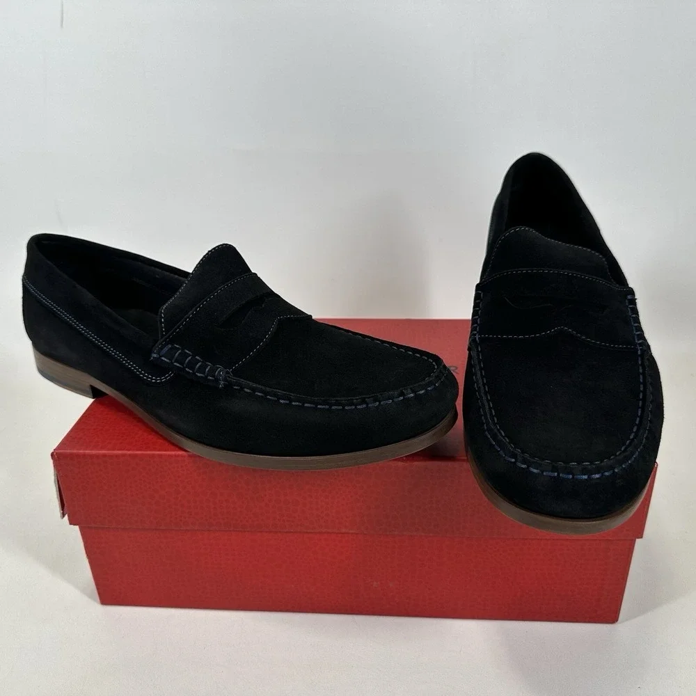 Donald Pliner Penny Loafers Men's Size 11 Nicola Black‎ Suede Blue Stitching