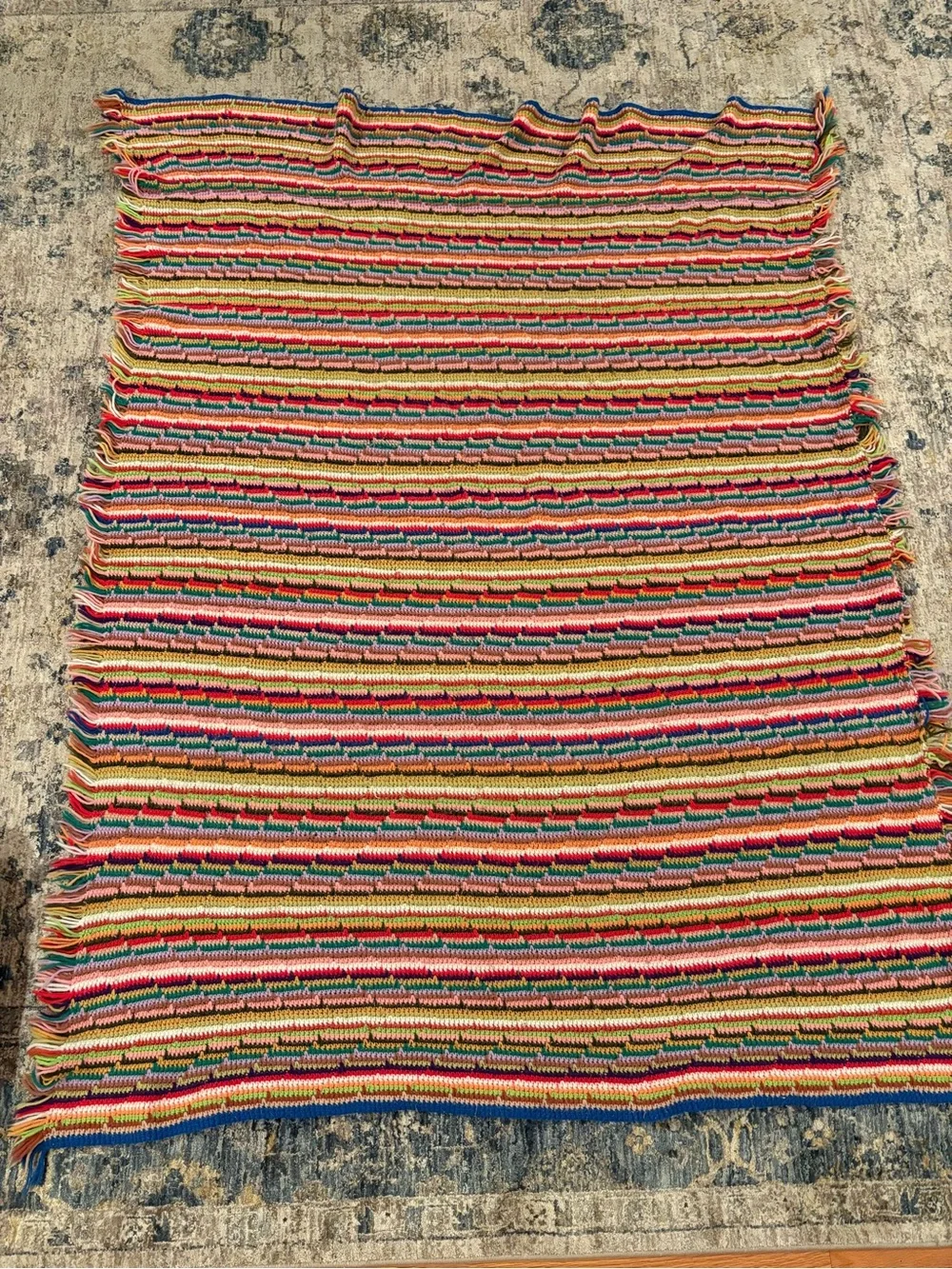 Vintage Blanket Afghan Handmade Crochet Colorful Stripes Rainbow Fringe 52x68”