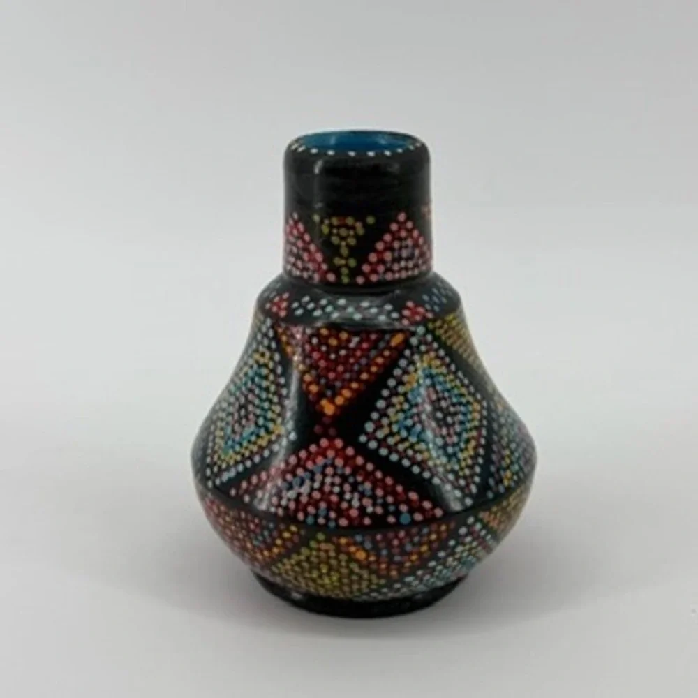 Hand Painted Pointillism Ceramic Bud Vase Black Geometric Dot Art‎ 4.25in