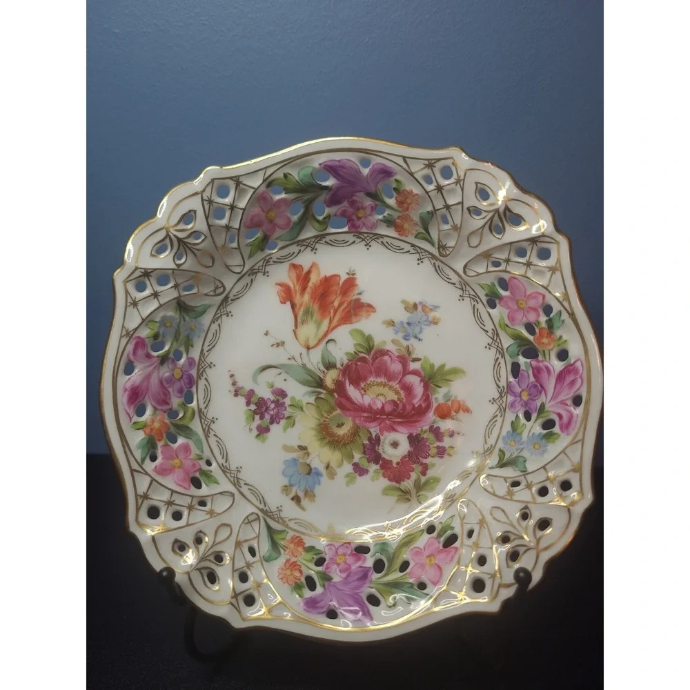 Rare E.S. Prussia Dresden Flowers Gilded Porcelain Bowl Plate Scalloped Openwork