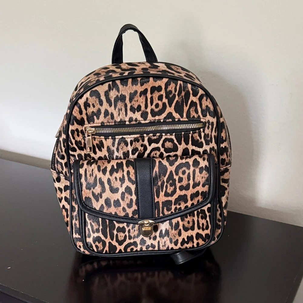 Leopard Print Mini Backpack - Black Trim