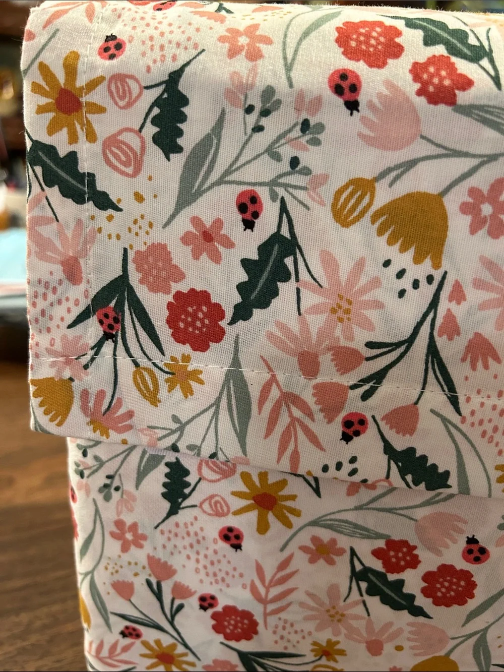 Target Floral Cotton Sheet Set. - Pink, Yellow & Green with Ladybugs