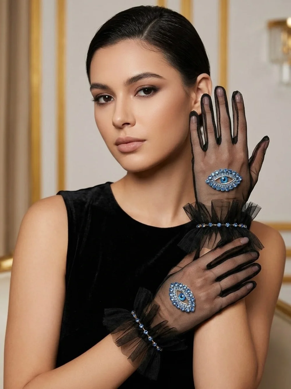 Sheer Black Tulle Gloves with Blue Beaded Eye Accent