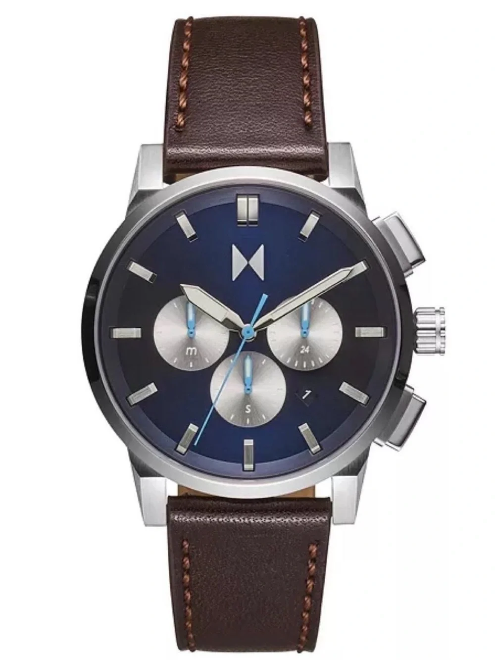 MVMT Men’s Chronograph Watch Navy Blue Dial Brown Genuine Leather Band 45mm
