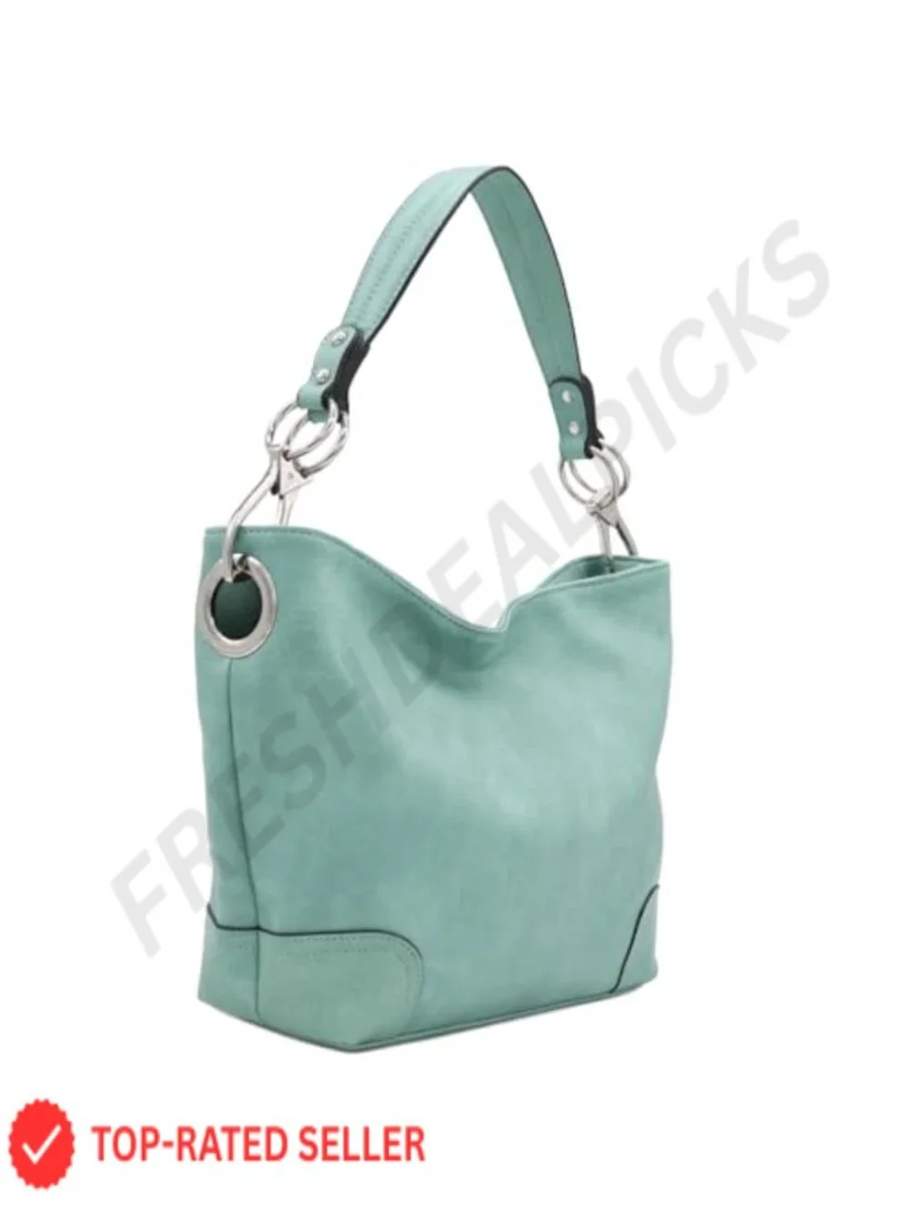 Hobo Shoulder Bag with Big Snap Hook Hardware, Faux Leather, Silver Tone