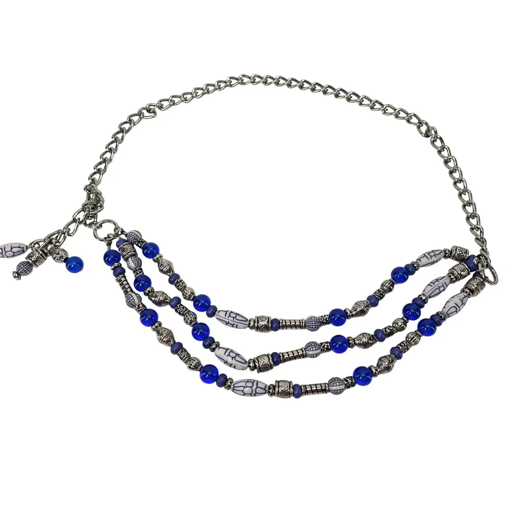 VTG Beaded Chain Belt Blue Silver Triple Strand Adjustable Waist Jewelry Boho