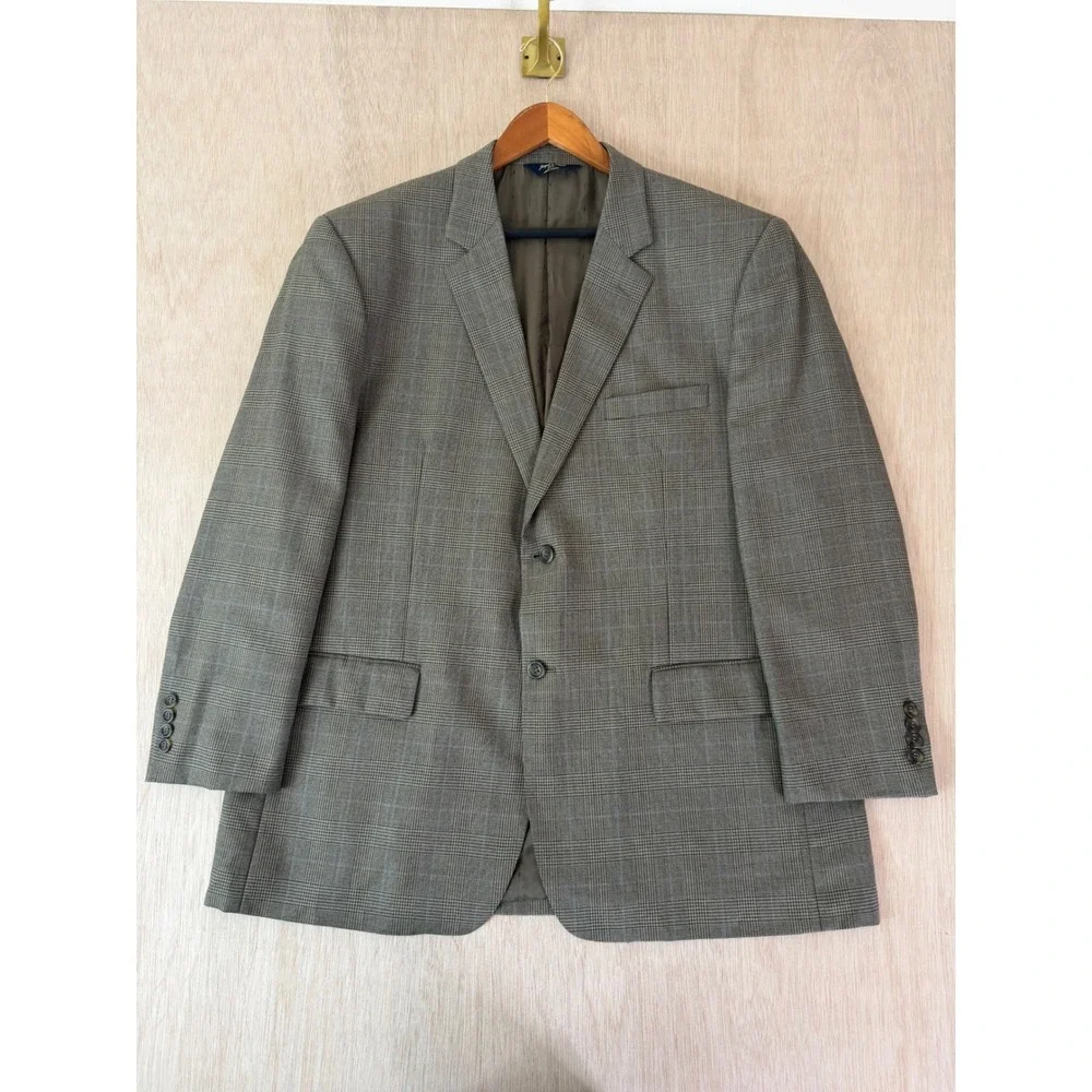 Joseph & Feiss Gold Mens 46R Wool Suit Jacket Grey Glen Plaid Blazer 2-Button
