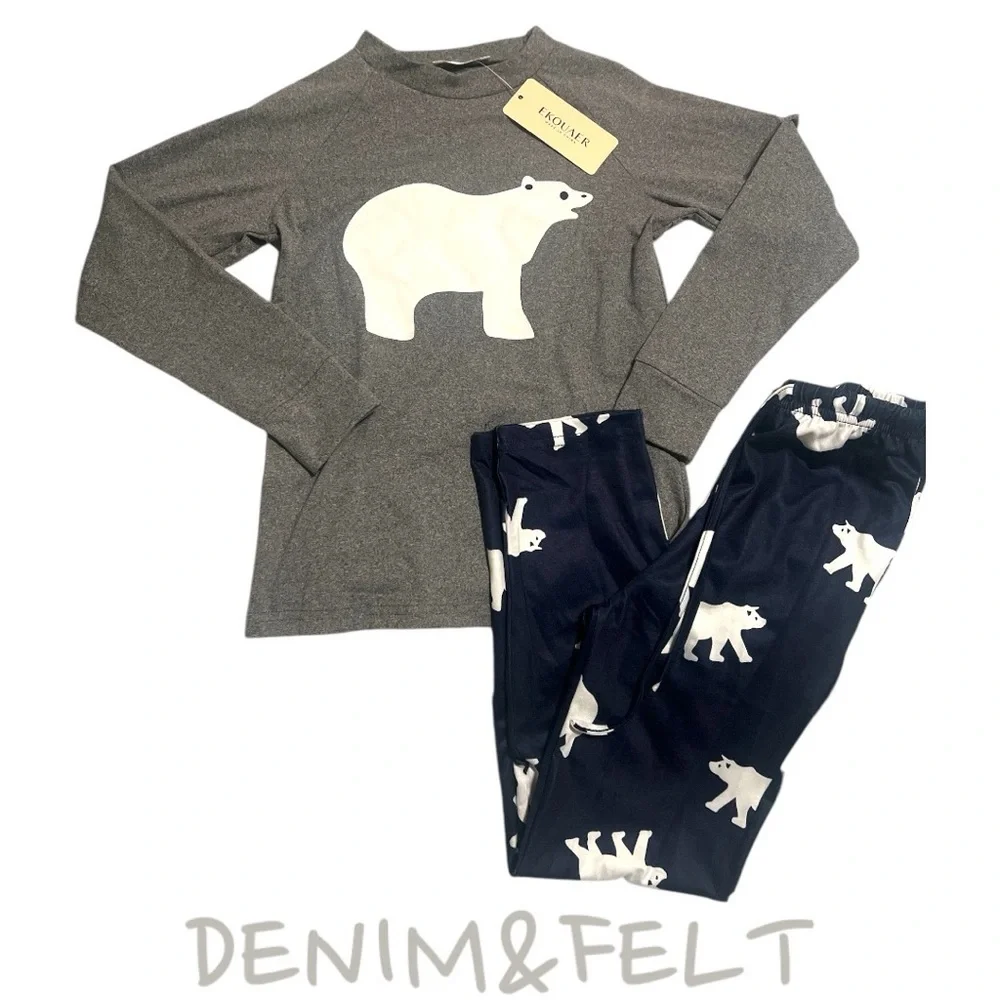 NEW Ekouaer‎ Kids Polar Bear Pajama Set Grey Navy Blue Long Sleeve Size 130 6-7Y