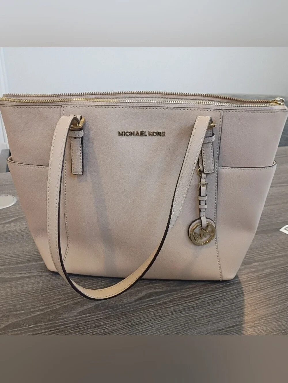 Michael Kors  Beige Saffiano Leather Tote with Gold Logo charm. READ NOTE BELOW